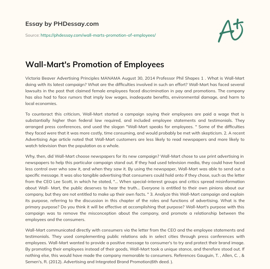 Wall-Mart’s Promotion of Employees essay