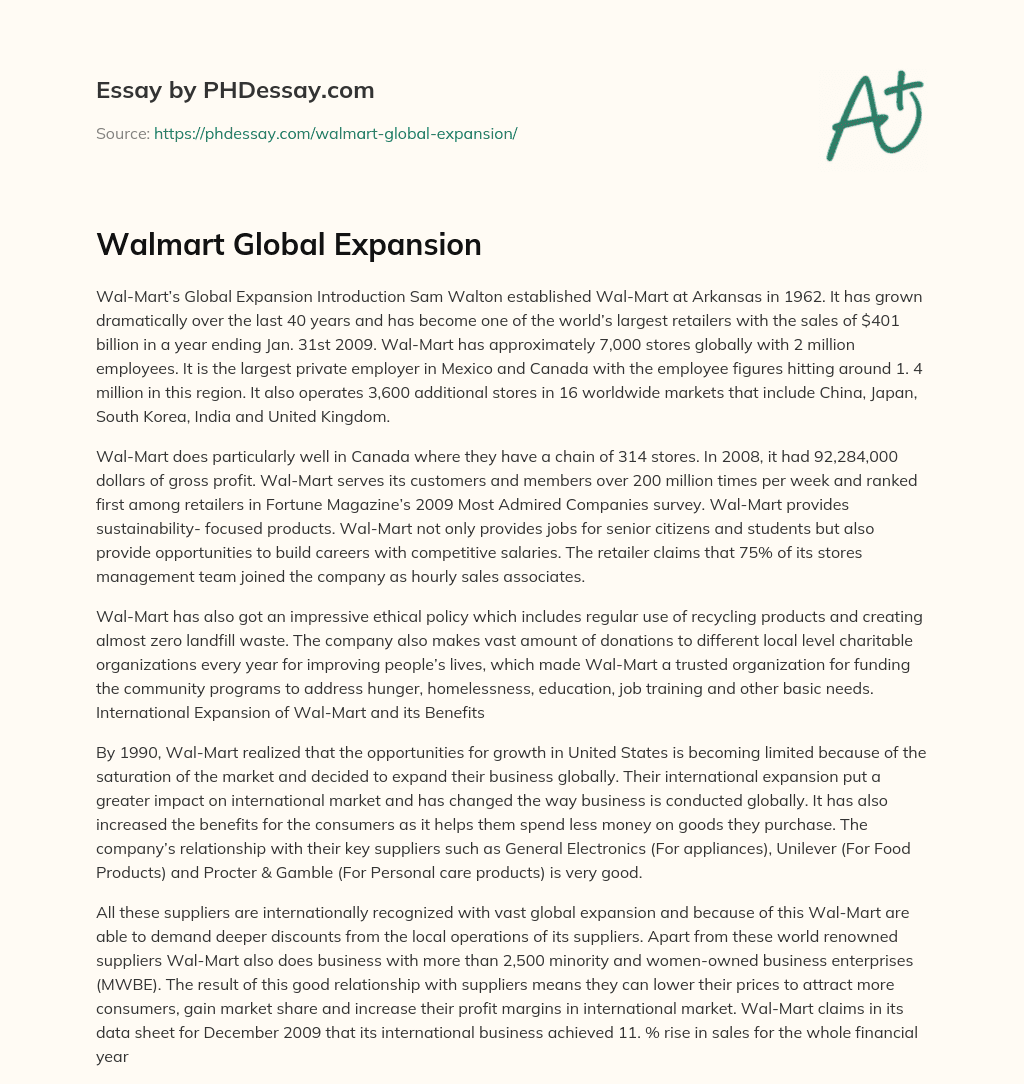 Walmart Global Expansion essay