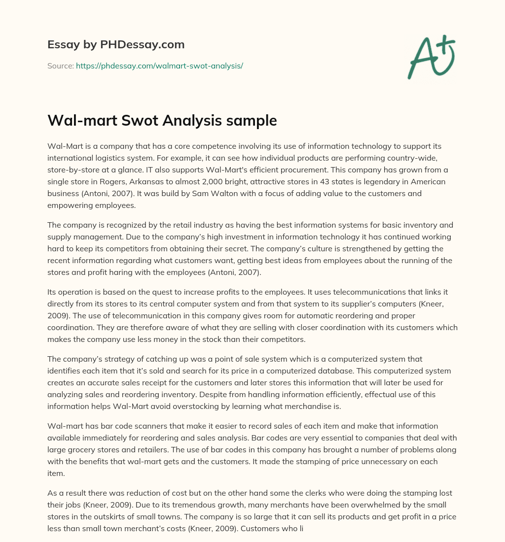 Wal-mart Swot Analysis sample essay