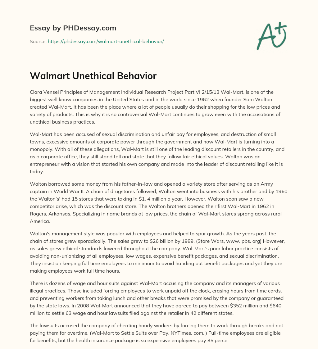 Walmart Unethical Behavior essay