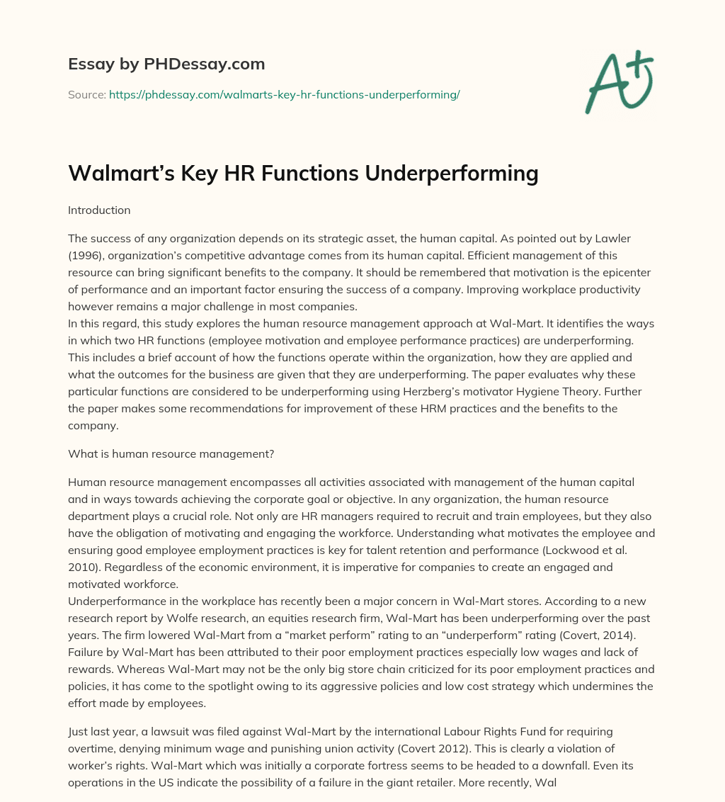 Walmart’s Key HR Functions Underperforming essay