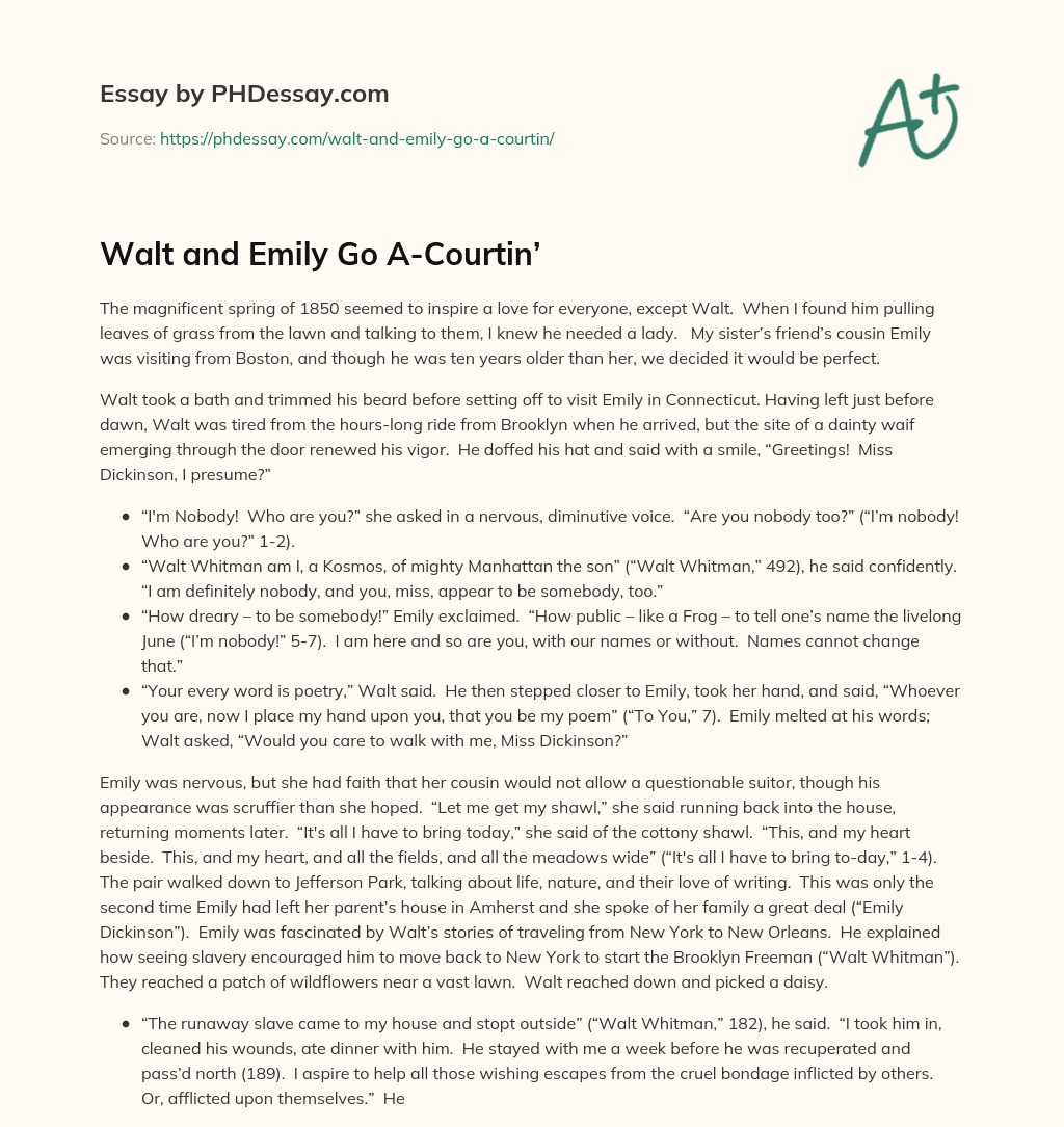 Walt and Emily Go A-Courtin’ essay