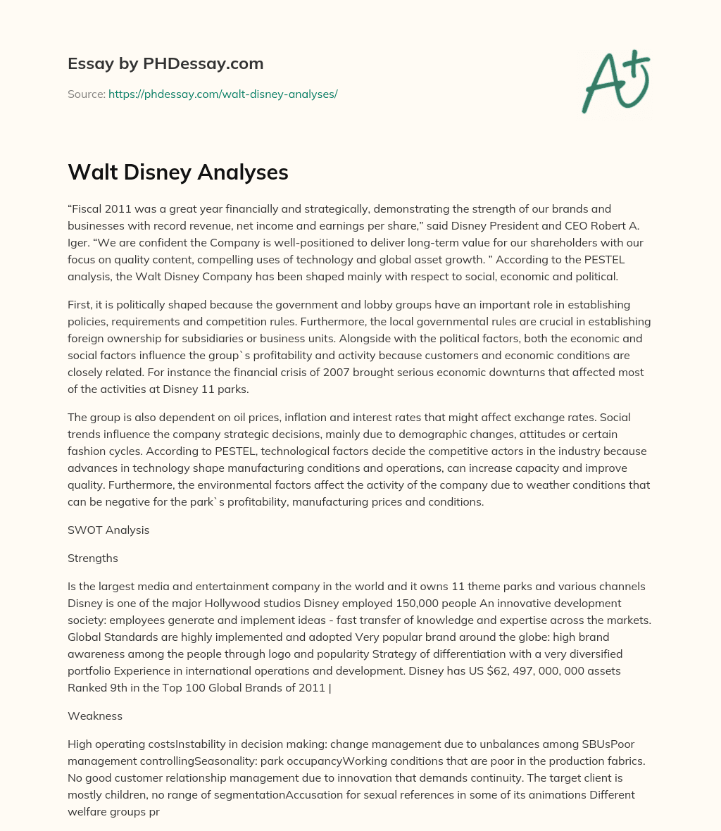 Walt Disney Analyses essay
