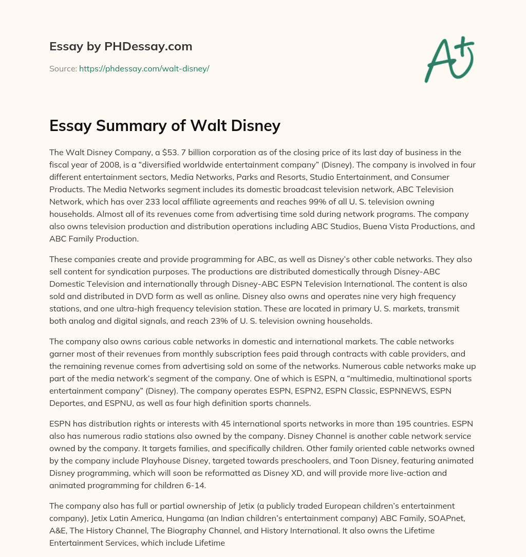Essay Summary of Walt Disney essay