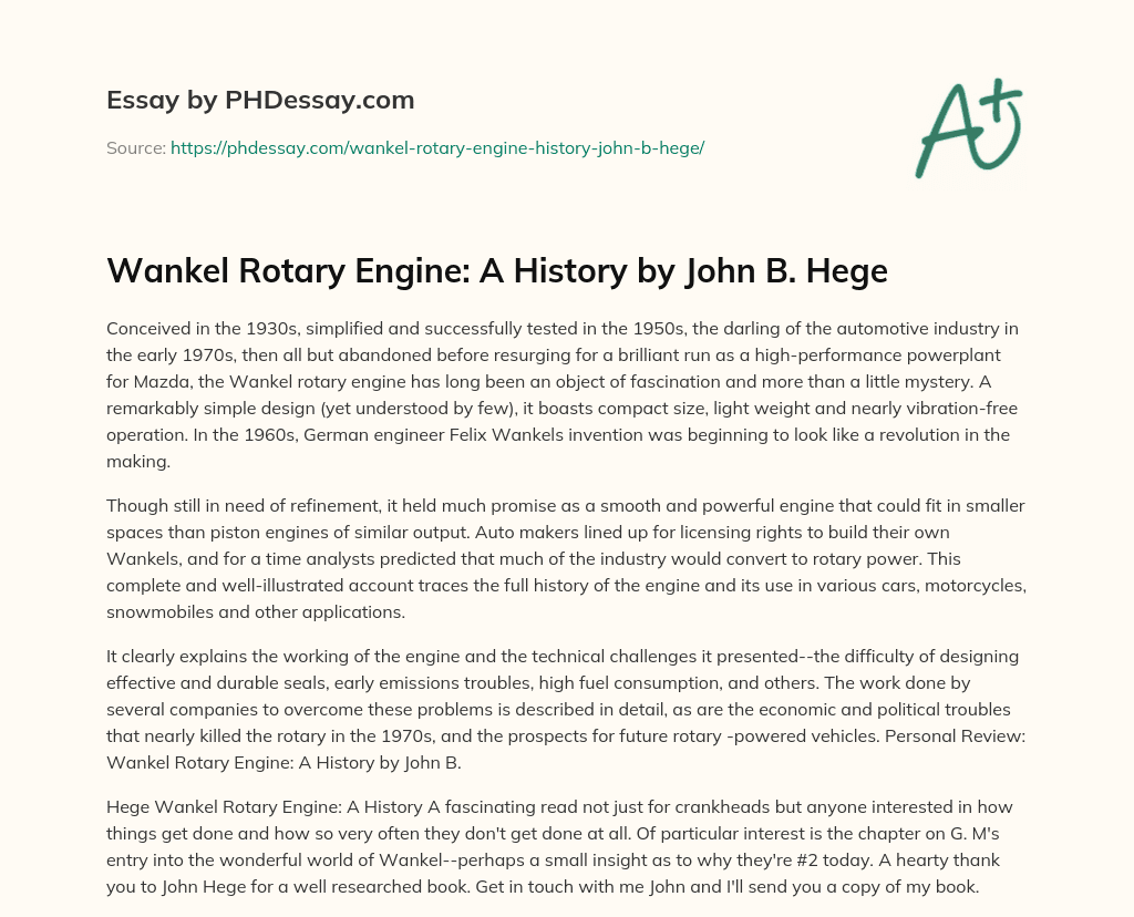 Wankel Rotary Engine: A History by John B. Hege essay