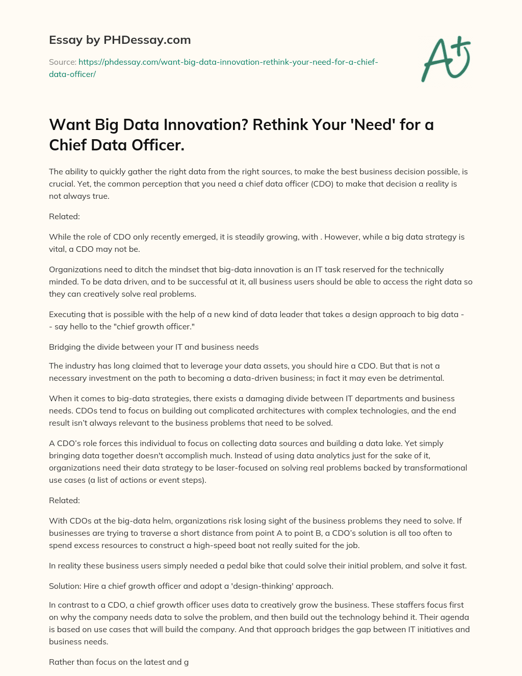Want Big Data Innovation? Rethink Your ‘Need’ for a Chief Data Officer. essay