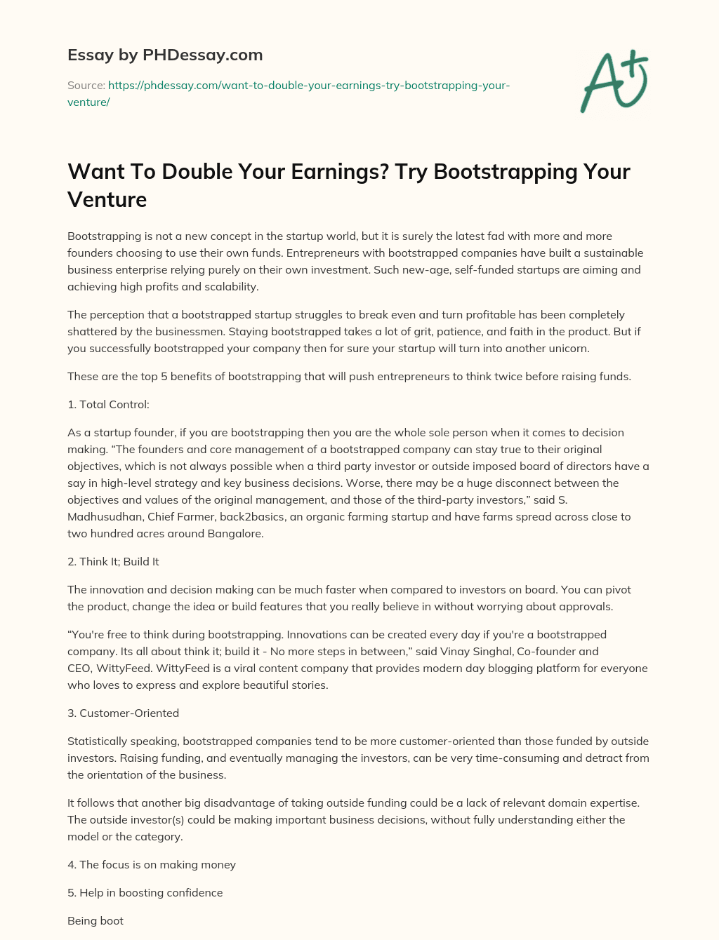 Want To Double Your Earnings? Try Bootstrapping Your Venture essay