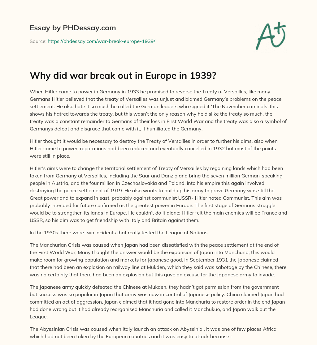 Why did war break out in Europe in 1939? essay