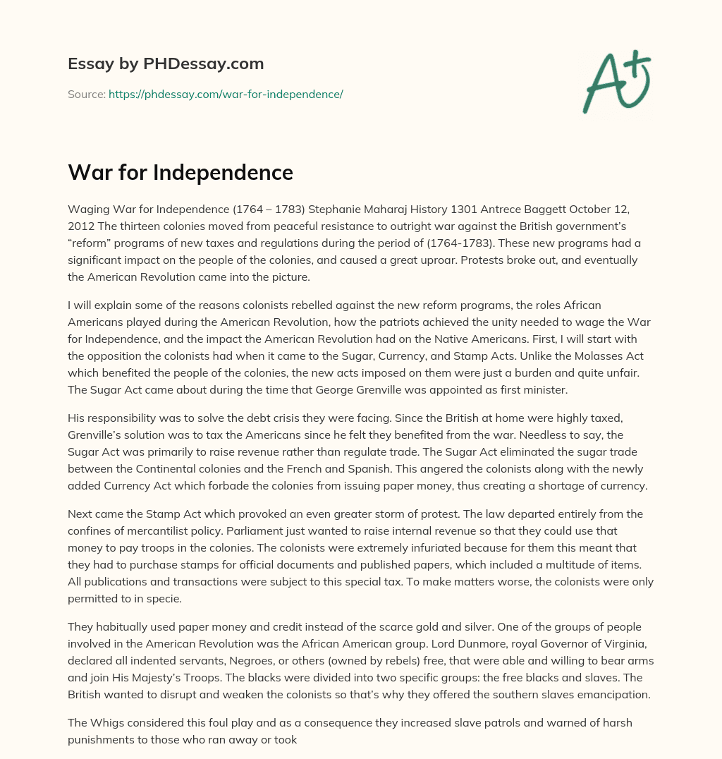 war for independence essay questions