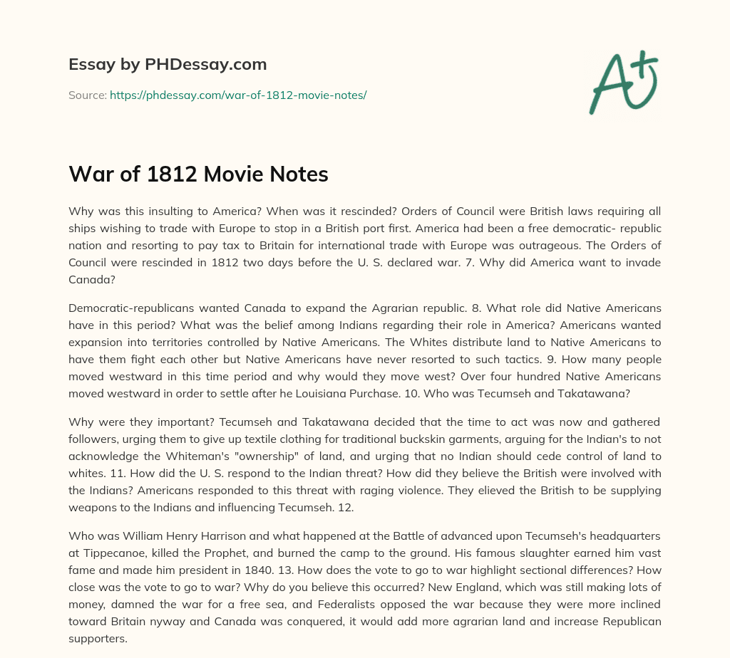 War of 1812 Movie Notes essay