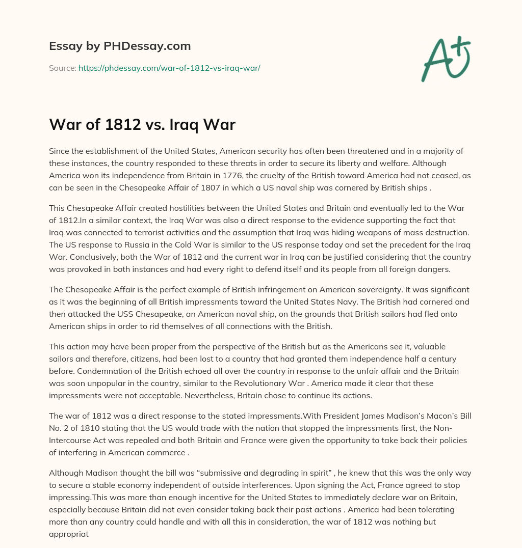 War of 1812 vs. Iraq War essay
