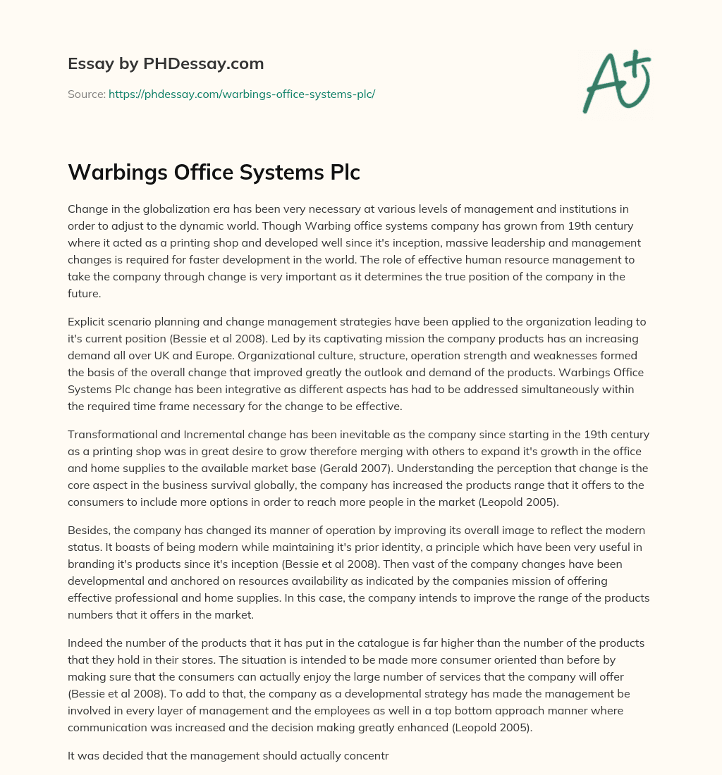 Warbings Office Systems Plc essay
