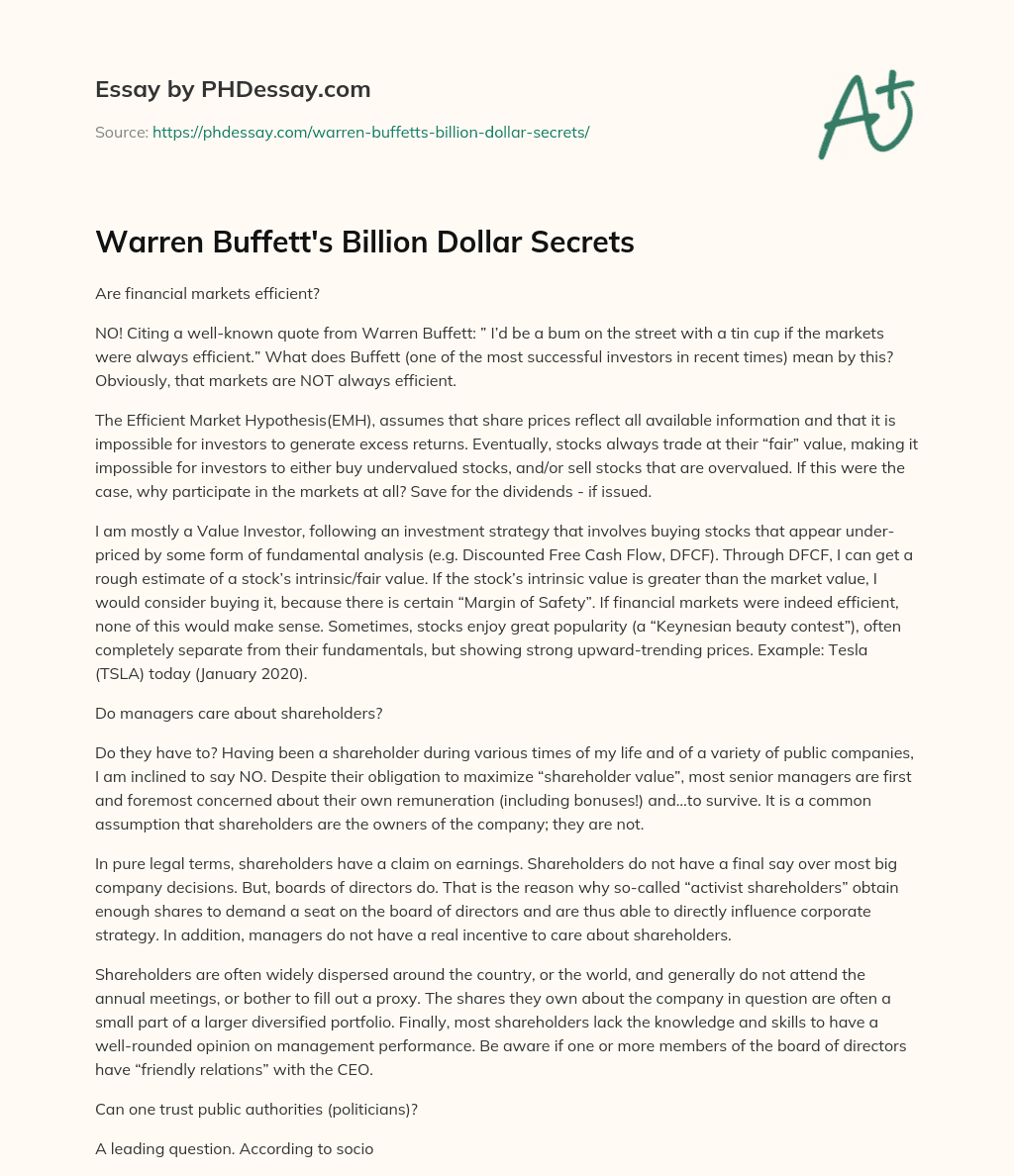 Warren Buffett’s Billion Dollar Secrets essay