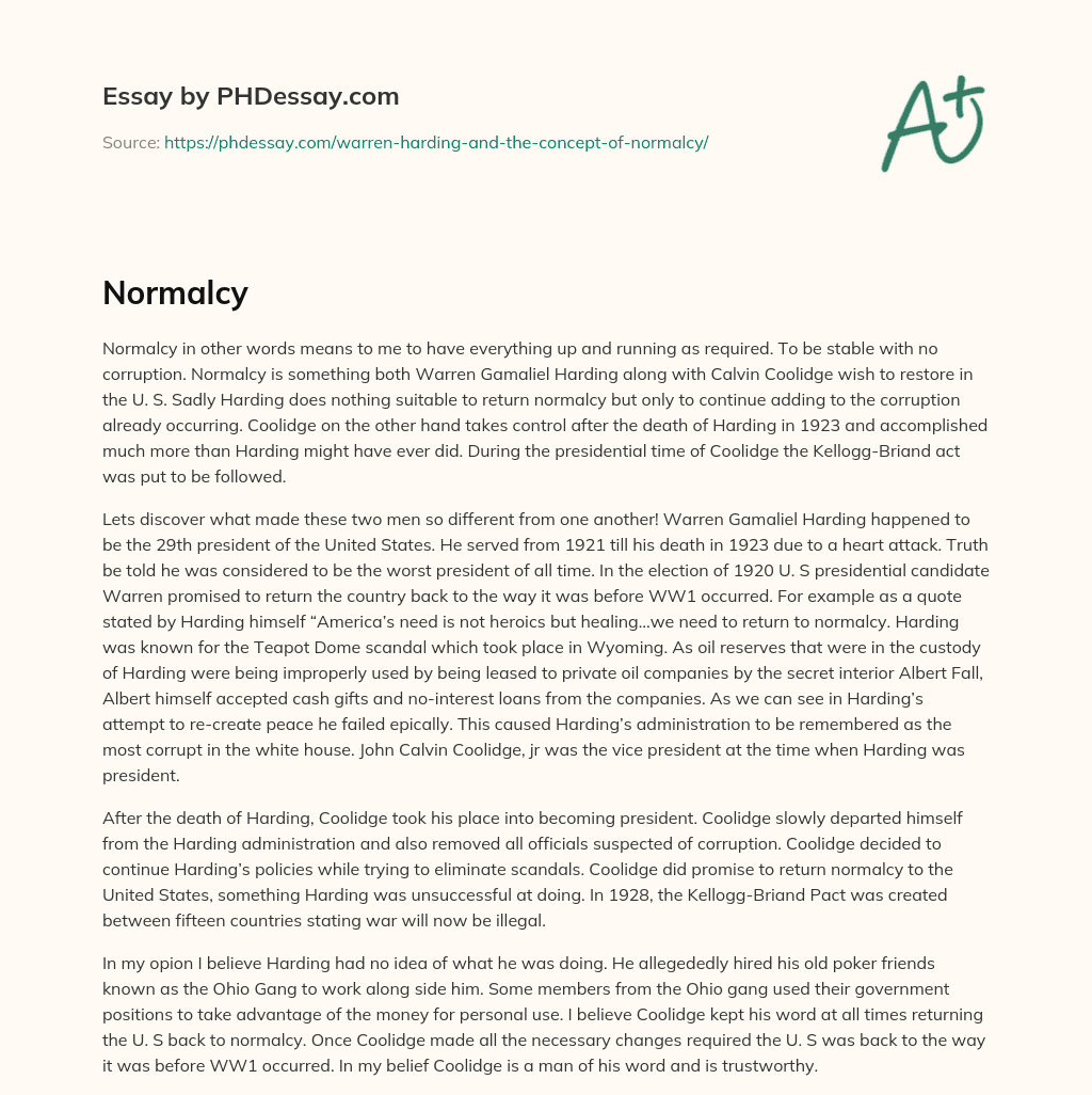 Restoring Normalcy: The Difference Between Harding and Coolidge in U.S. Presidency essay