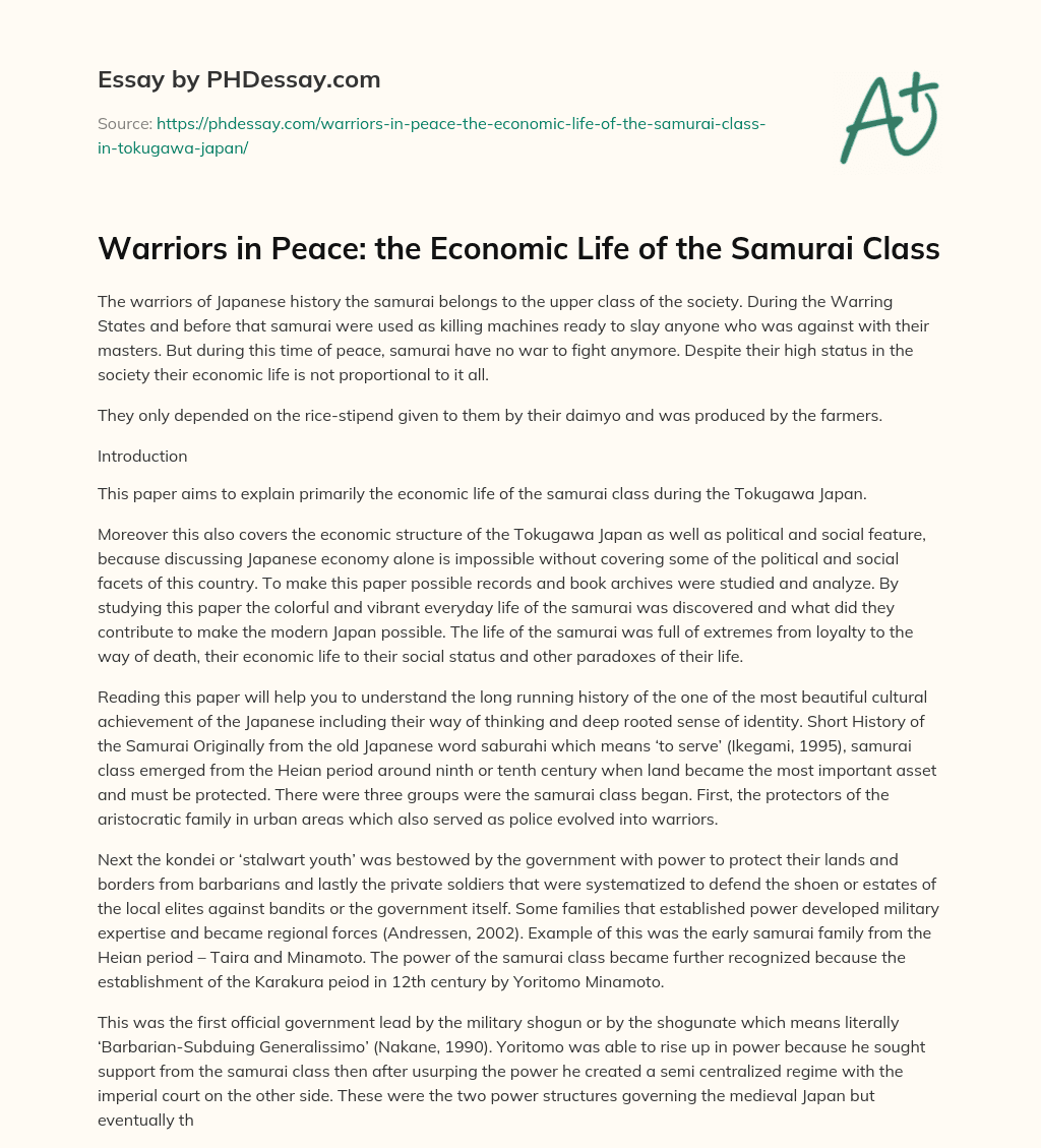 Warriors in Peace: the Economic Life of the Samurai Class essay