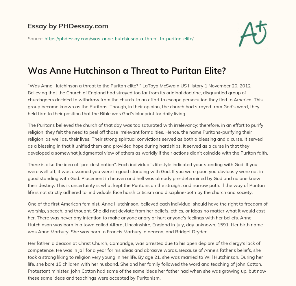 Was Anne Hutchinson a Threat to Puritan Elite? essay