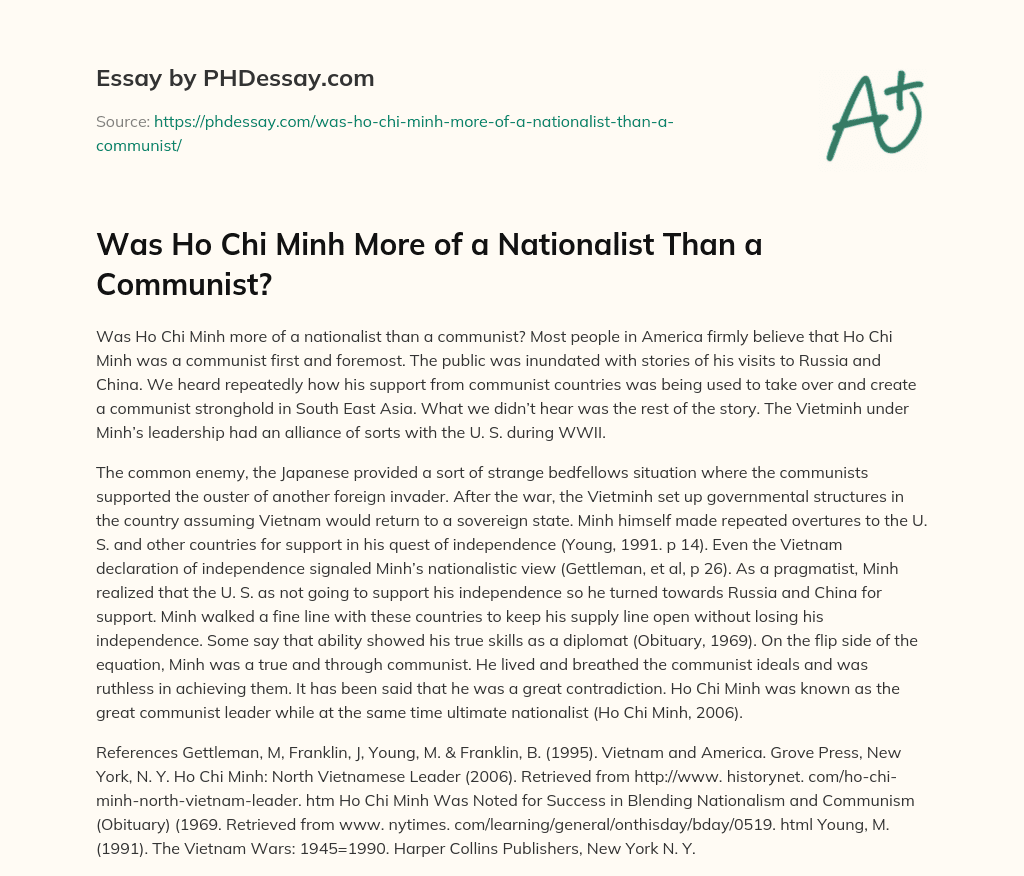 Was Ho Chi Minh More of a Nationalist Than a Communist? essay