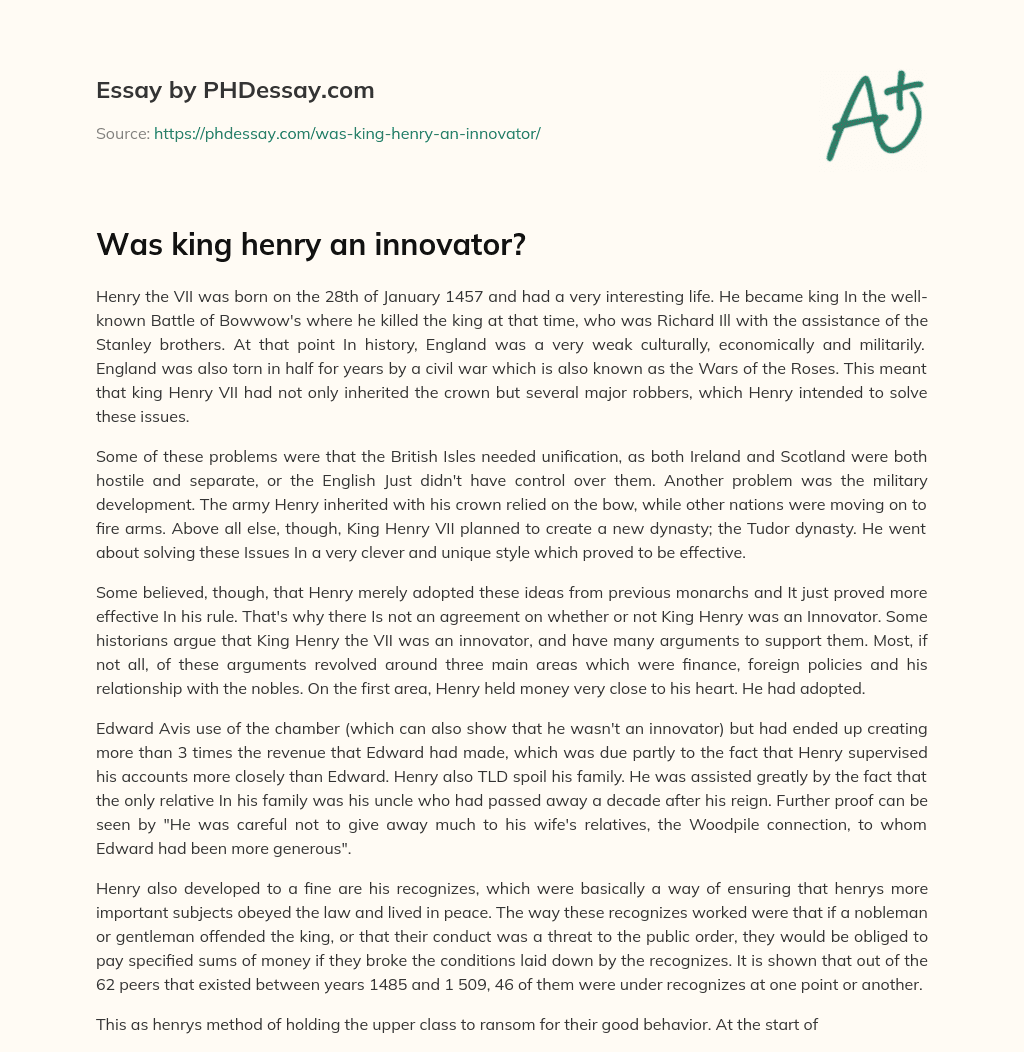 Was king henry an innovator? essay