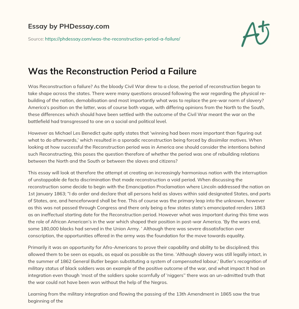 Was the Reconstruction Period a Failure essay
