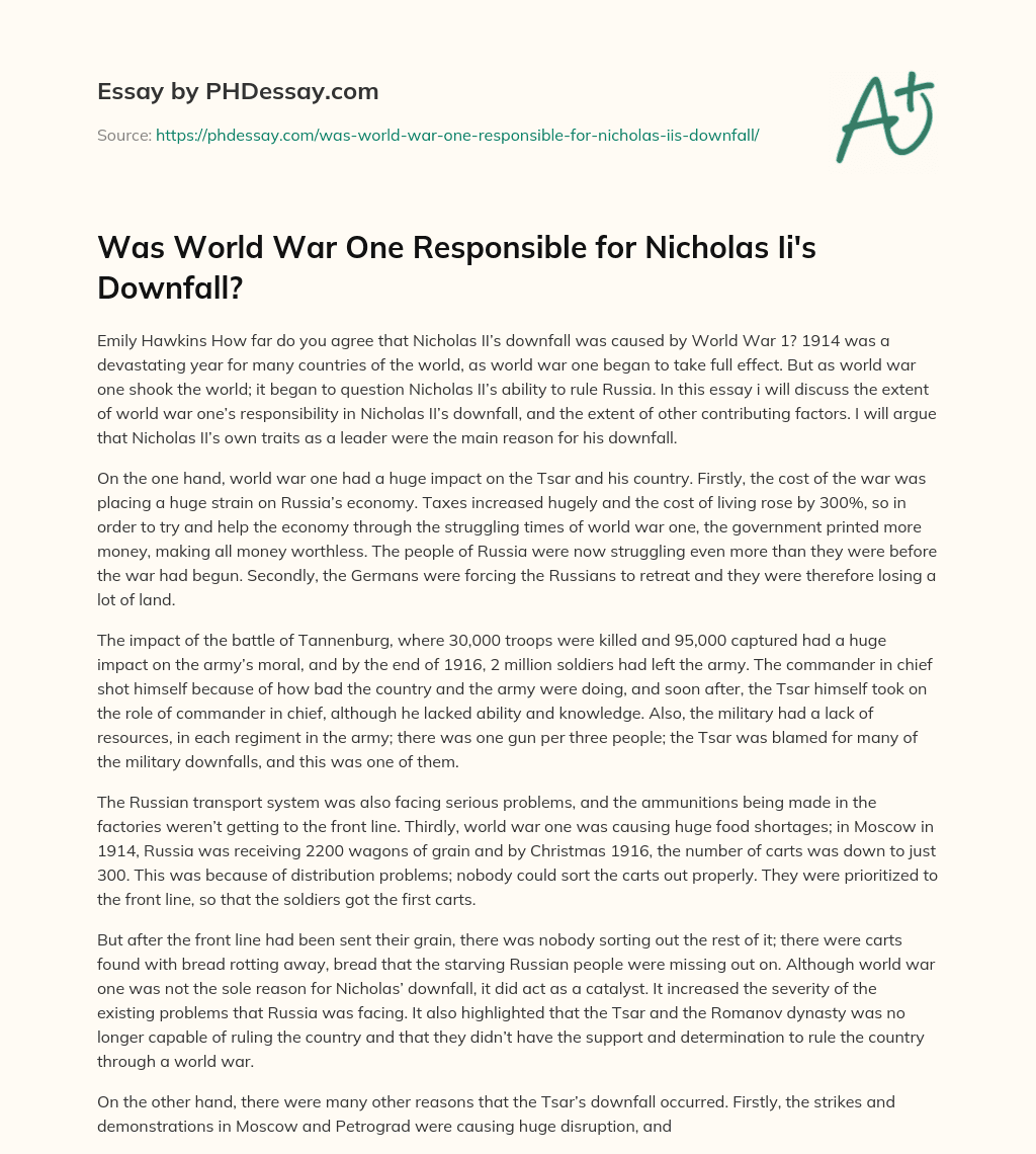 Was World War One Responsible for Nicholas Ii’s Downfall? essay
