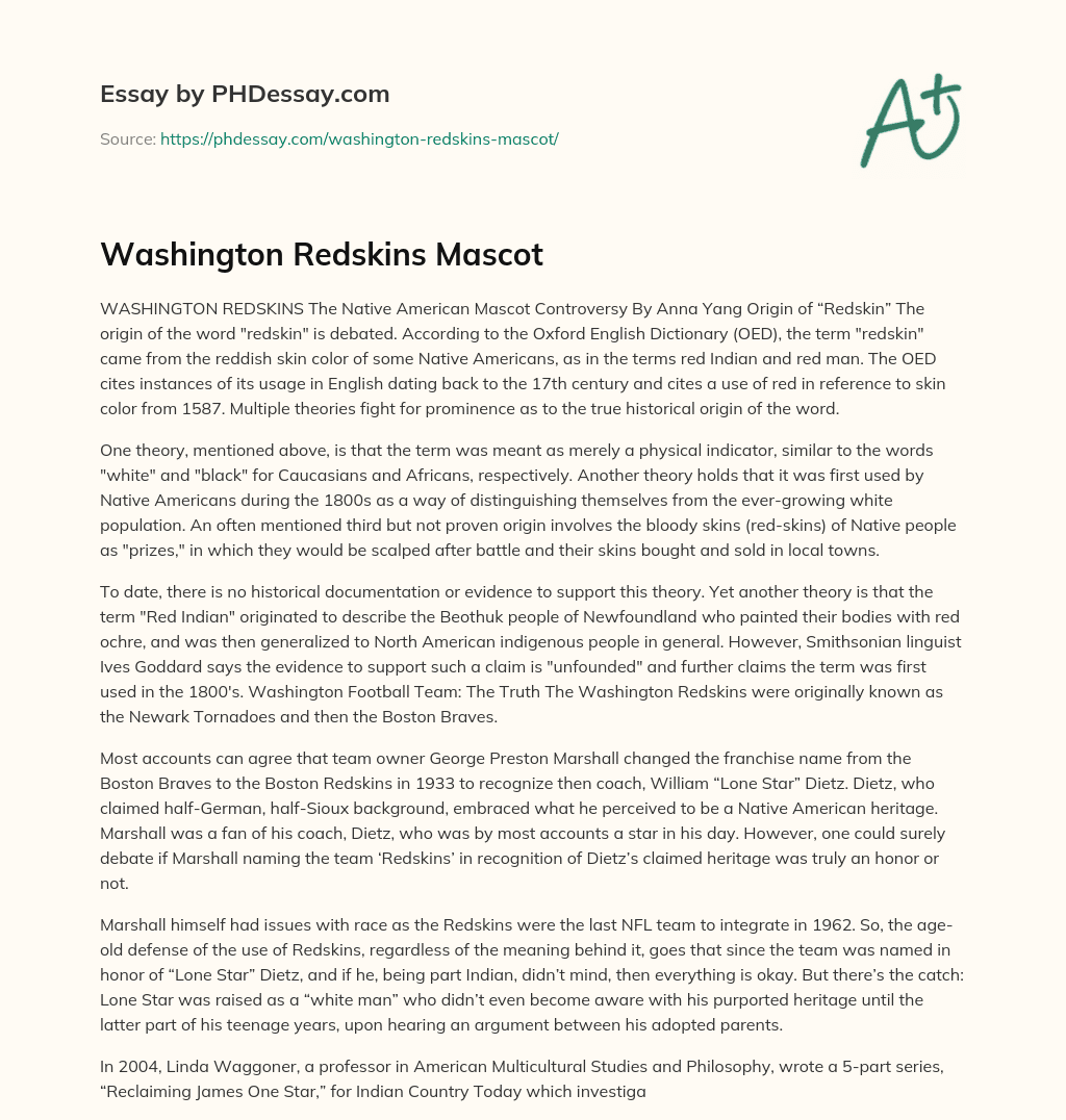 Washington Redskins Mascot essay