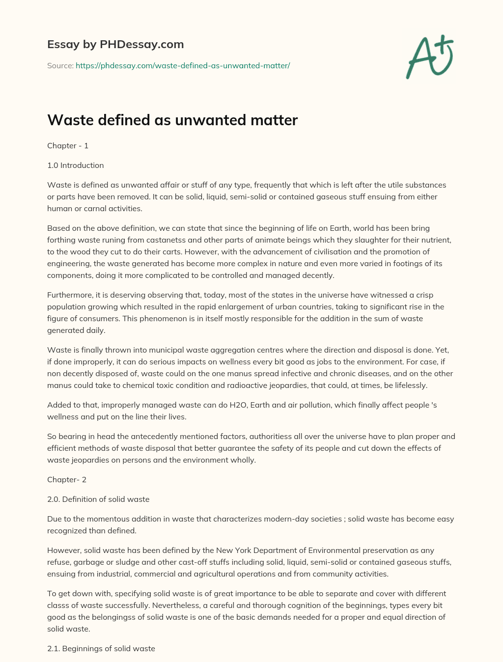 Waste defined as unwanted matter essay