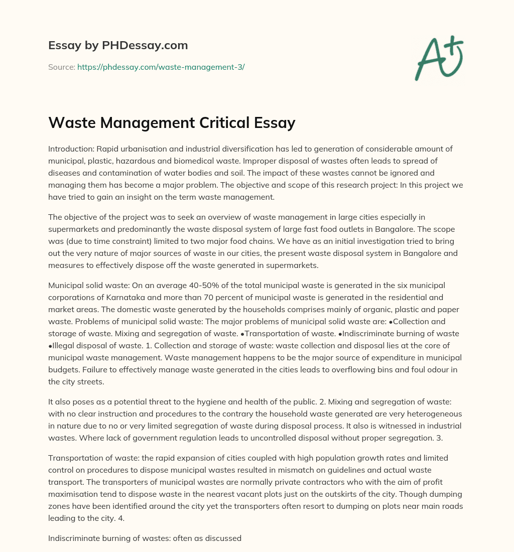 Waste Management Critical Essay