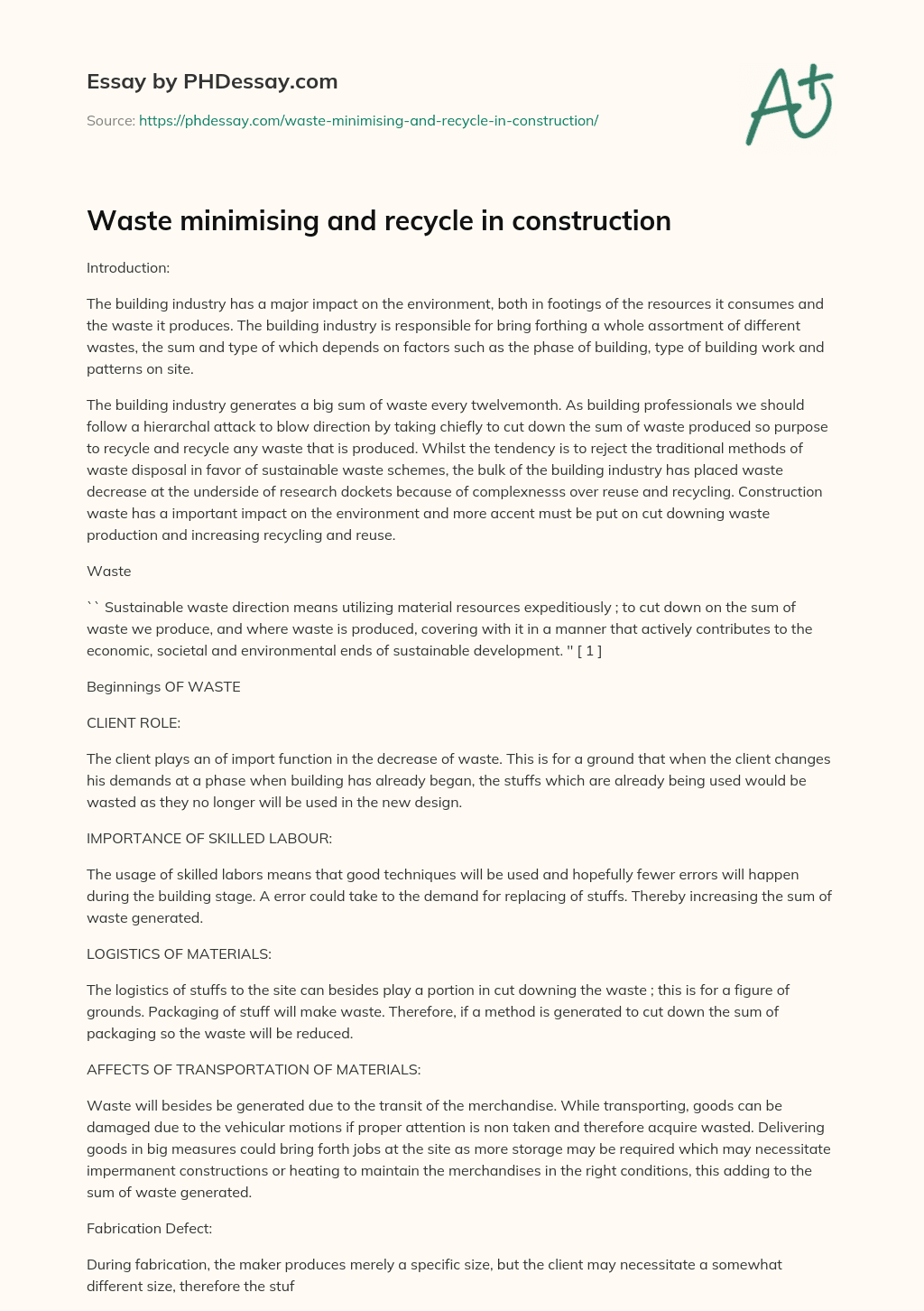 Waste minimising and recycle in construction essay