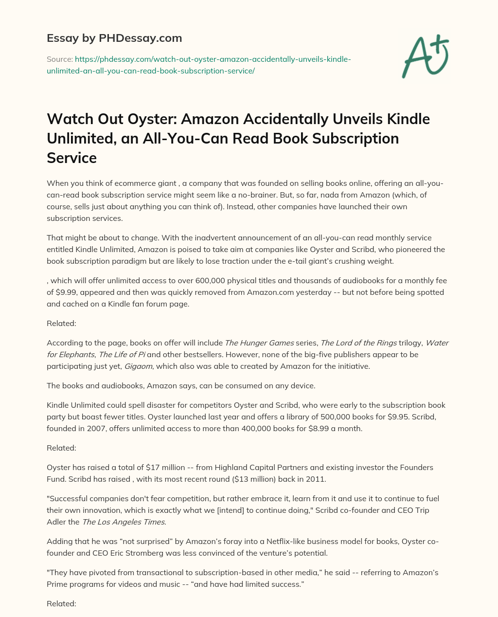 Watch Out Oyster: Amazon Accidentally Unveils Kindle Unlimited, an All-You-Can Read Book Subscription Service essay