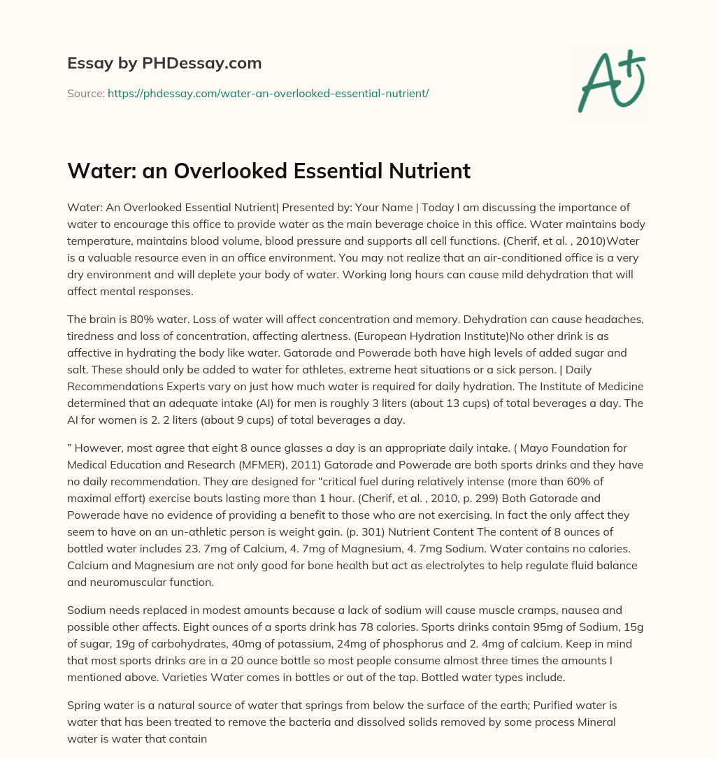 Water: an Overlooked Essential Nutrient essay