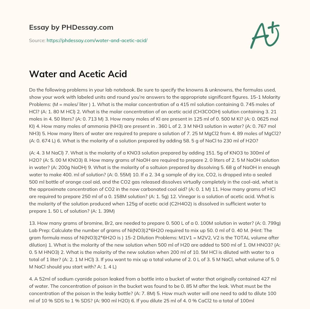 Water and Acetic Acid essay