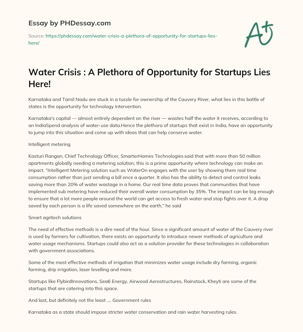 Water Crisis : A Plethora of Opportunity for Startups Lies Here! essay