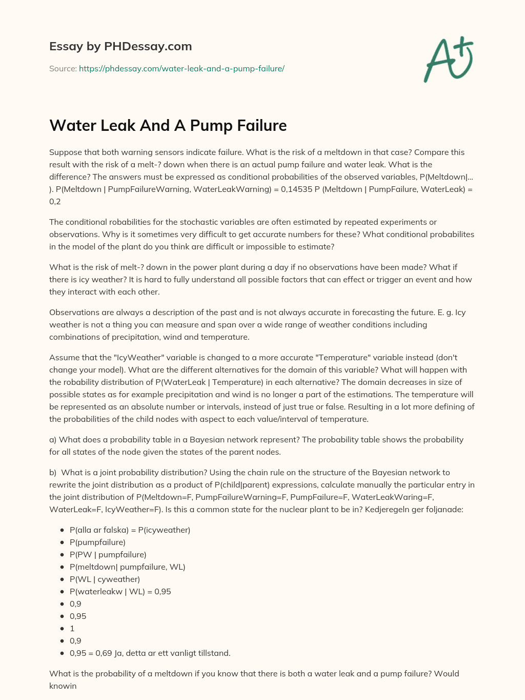 Water Leak And A Pump Failure essay