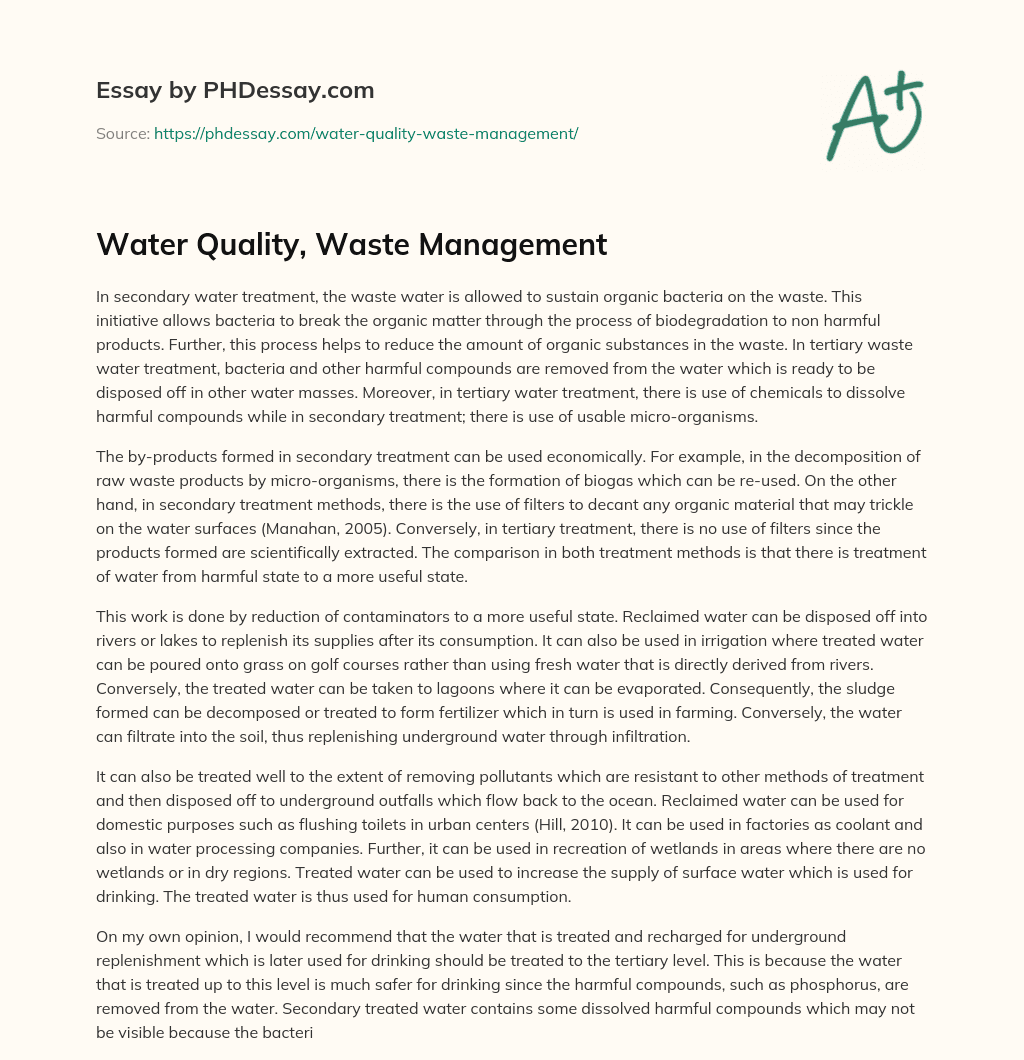 Water Quality, Waste Management essay