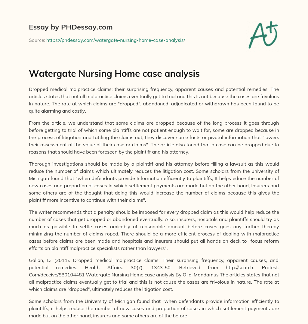 Watergate Nursing Home case analysis essay