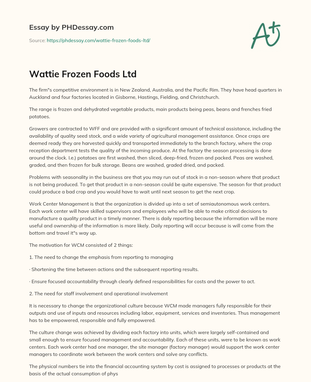 Wattie Frozen Foods Ltd essay