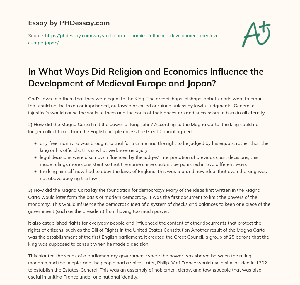 In What Ways Did Religion and Economics Influence the Development of Medieval Europe and Japan? essay