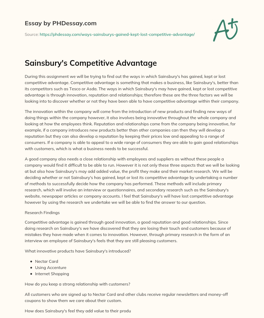 Sainsbury’s Competitive Advantage essay