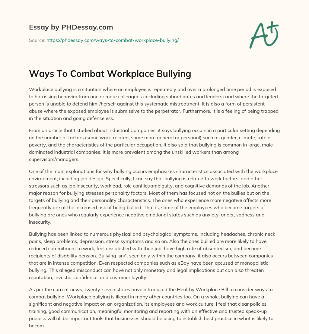 Ways To Combat Workplace Bullying essay