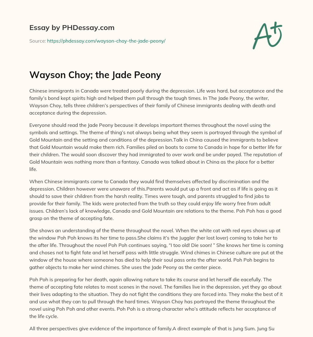 Wayson Choy; the Jade Peony essay