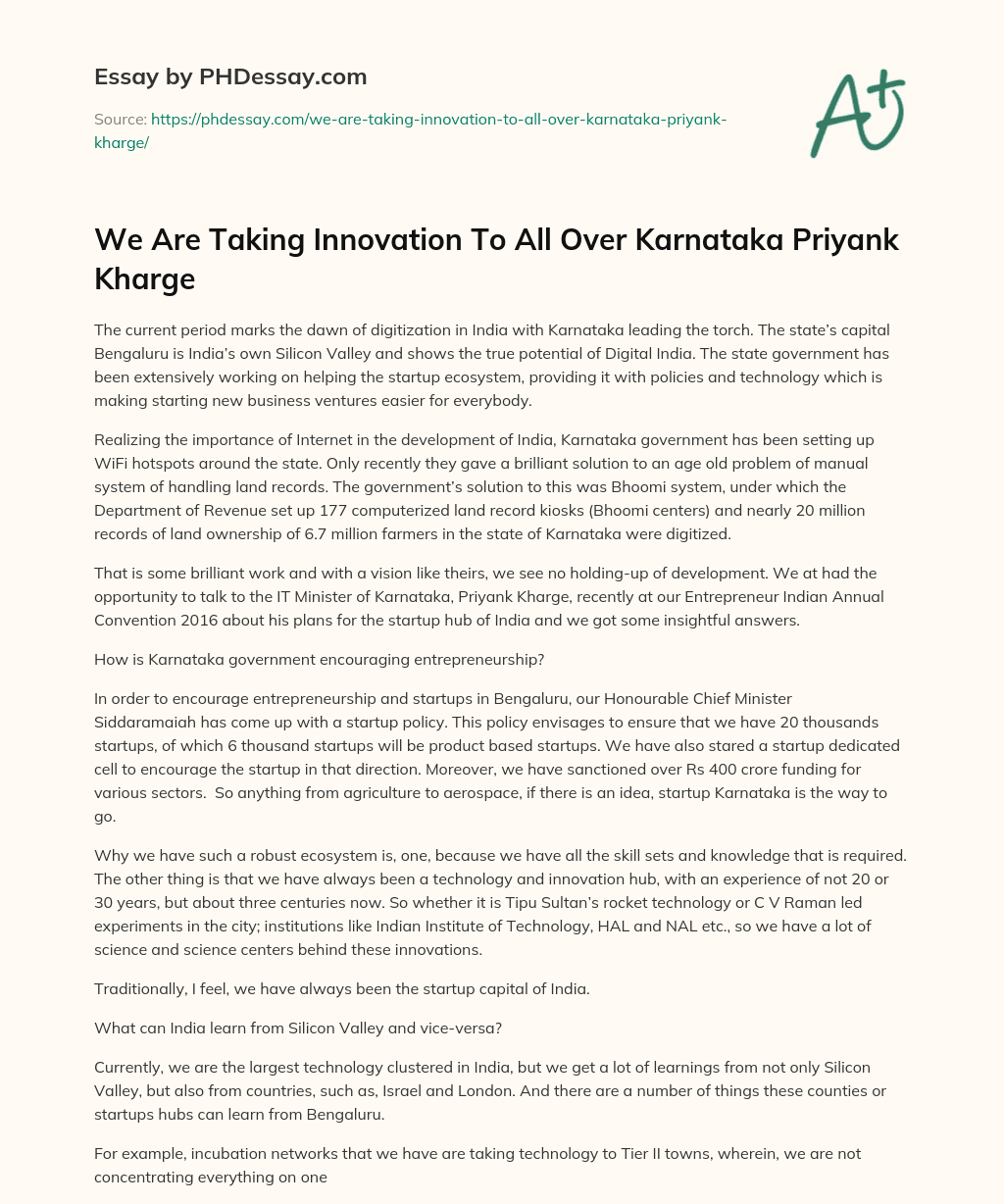 We Are Taking Innovation To All Over Karnataka Priyank Kharge essay