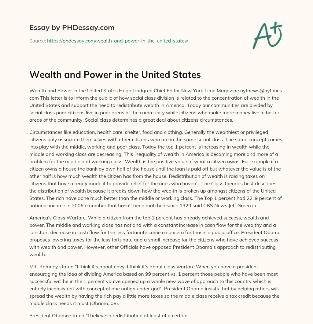 Wealth and Power in the United States essay