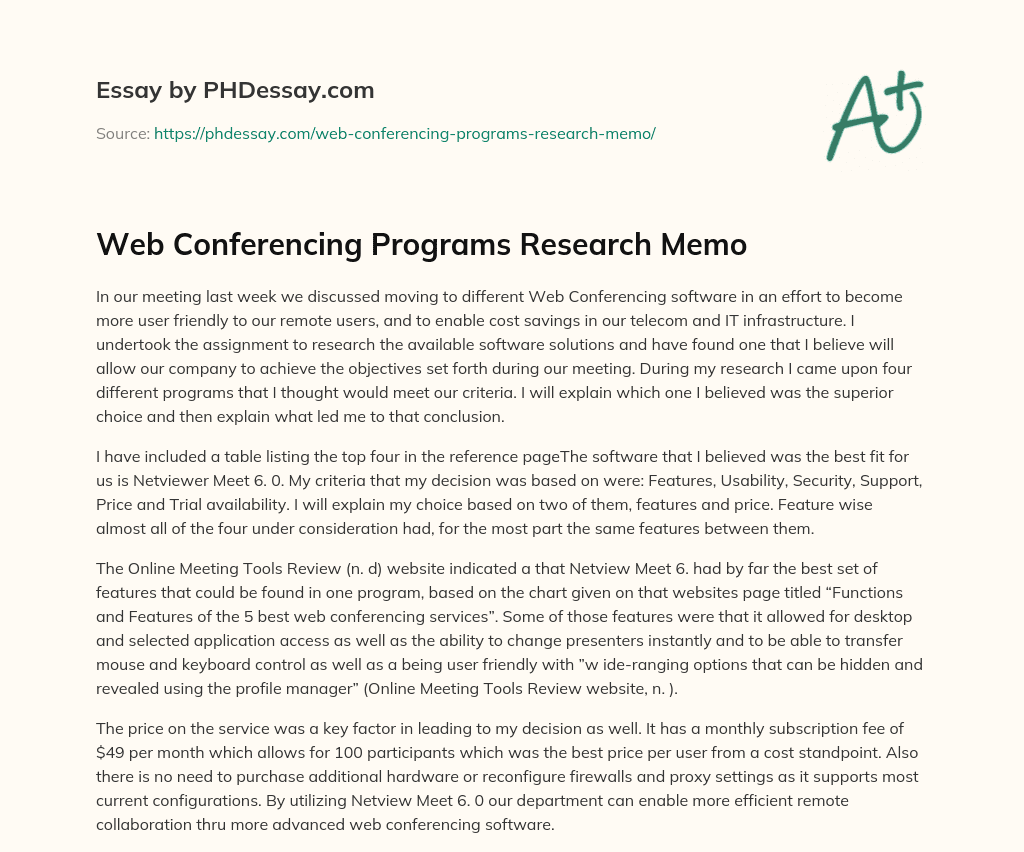 Web Conferencing Programs Research Memo essay