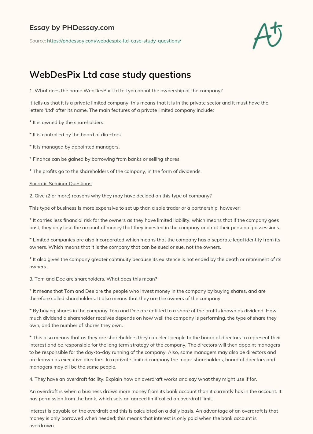 WebDesPix Ltd case study questions essay