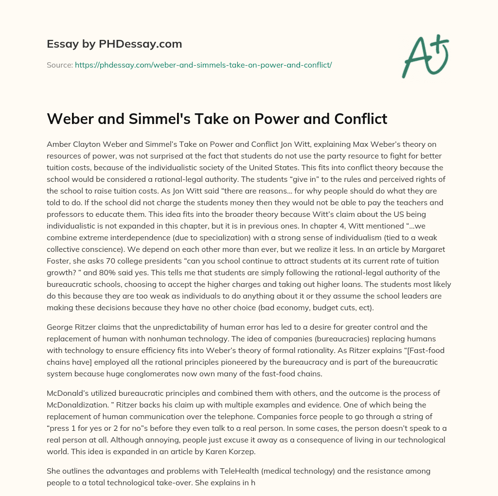 Weber and Simmel’s Take on Power and Conflict essay