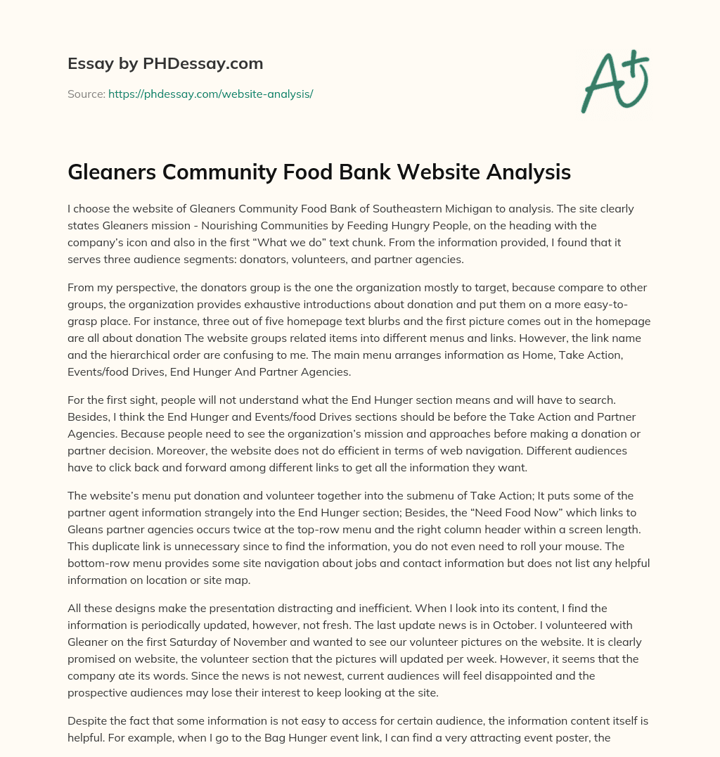 Gleaners Community Food Bank Website Analysis essay