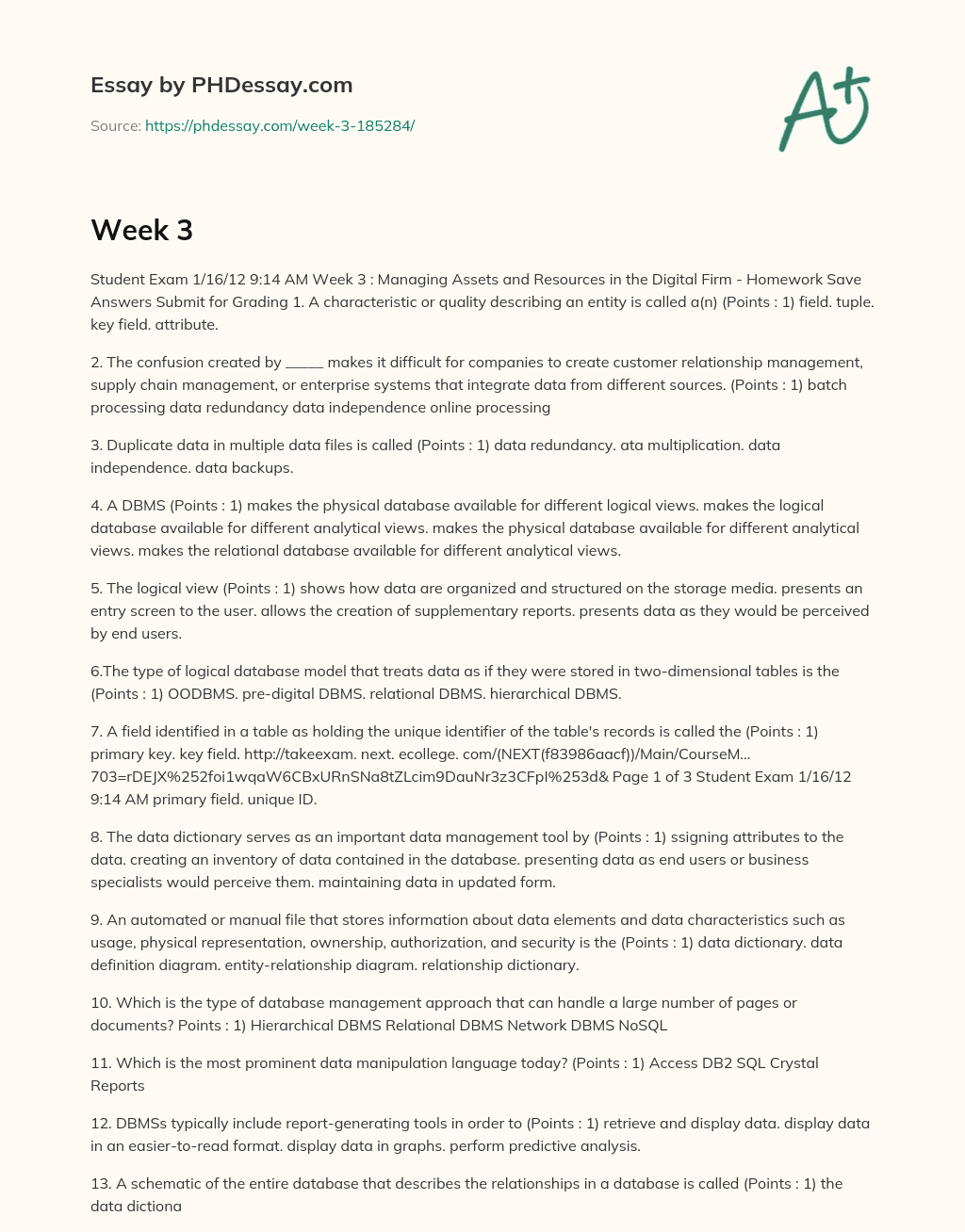 Digital Firm Exam: Managing Assets & Resources – Data Redundancy, DBMS & Logical Views essay