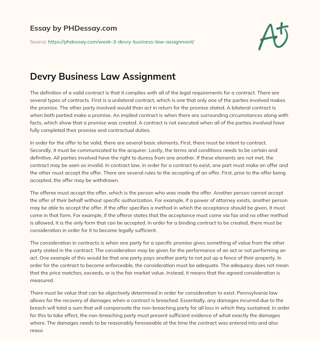 Devry Business Law Assignment essay