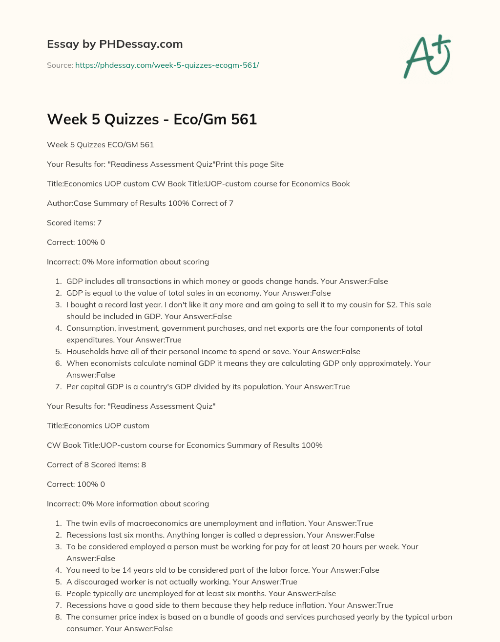 Week 5 Quizzes – Eco/Gm 561 essay
