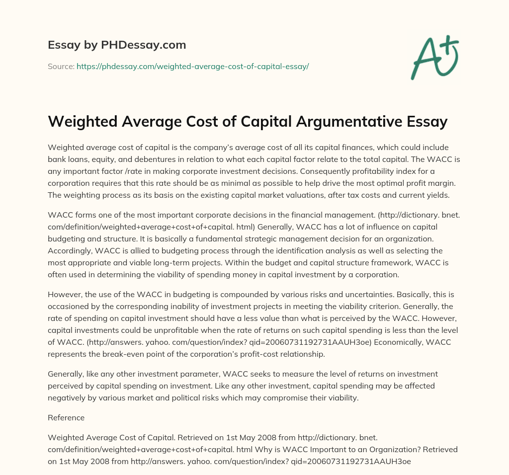 Weighted Average Cost of Capital Argumentative Essay essay